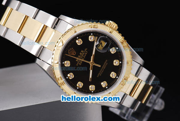 Rolex Datejust Automatic Two Tone with Gold Bezel,Black Dial and Diamond Marking - Click Image to Close